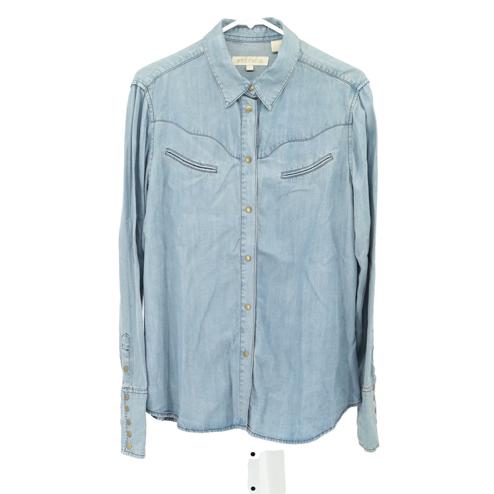 Stetson Chambray Shirt SZ L Denim Brass Snap Western Country Cowgirl Tunic